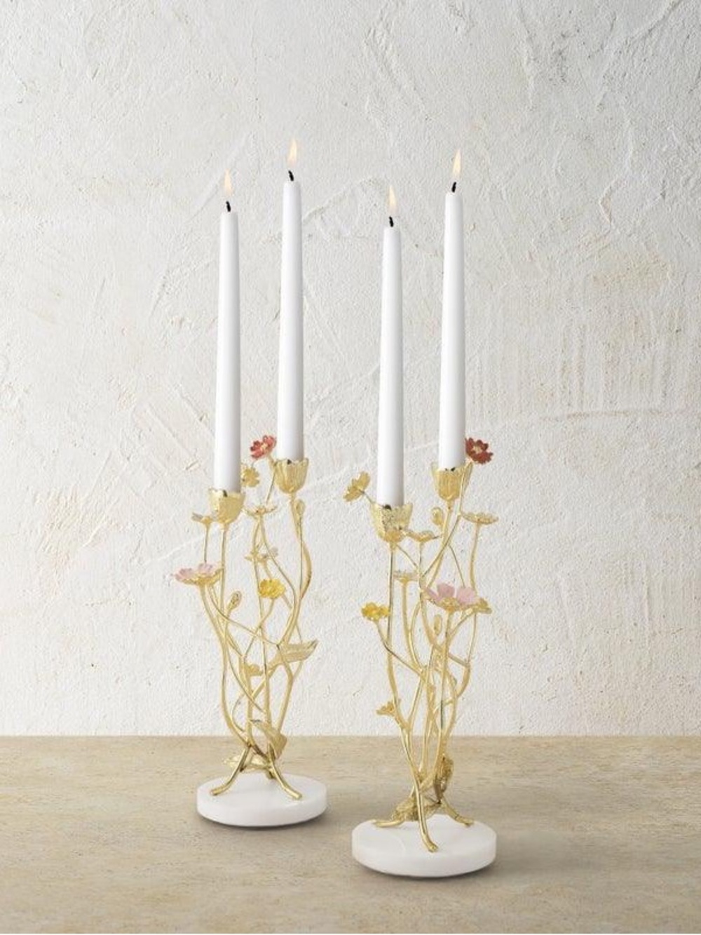 NWB Michael Aram Wildflowers Gold Floral Taper Candle Holders with Marble Base